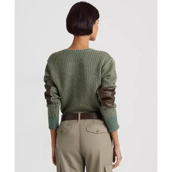 Ralph Lauren Wool Knit Sweater Faux Leather Green Brown Jumper Small Equestrian - Picture 2 of 8
